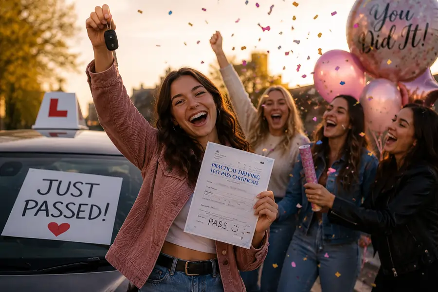 Passing a driving test and celebrating